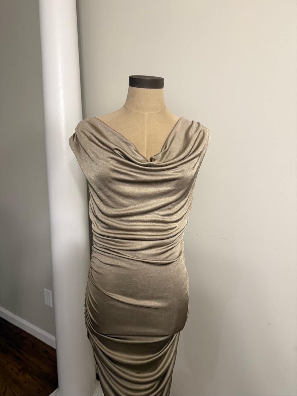 Express One-Shoulder Draped Metallic Taupe Evening Dress
